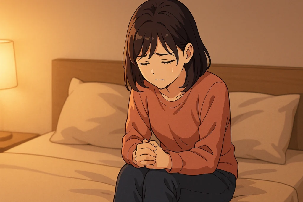 夜の部屋で落ち込み、胸に手を当てて涙をこらえる女性。感情が揺れるスピリチュアルな夜のシーン。