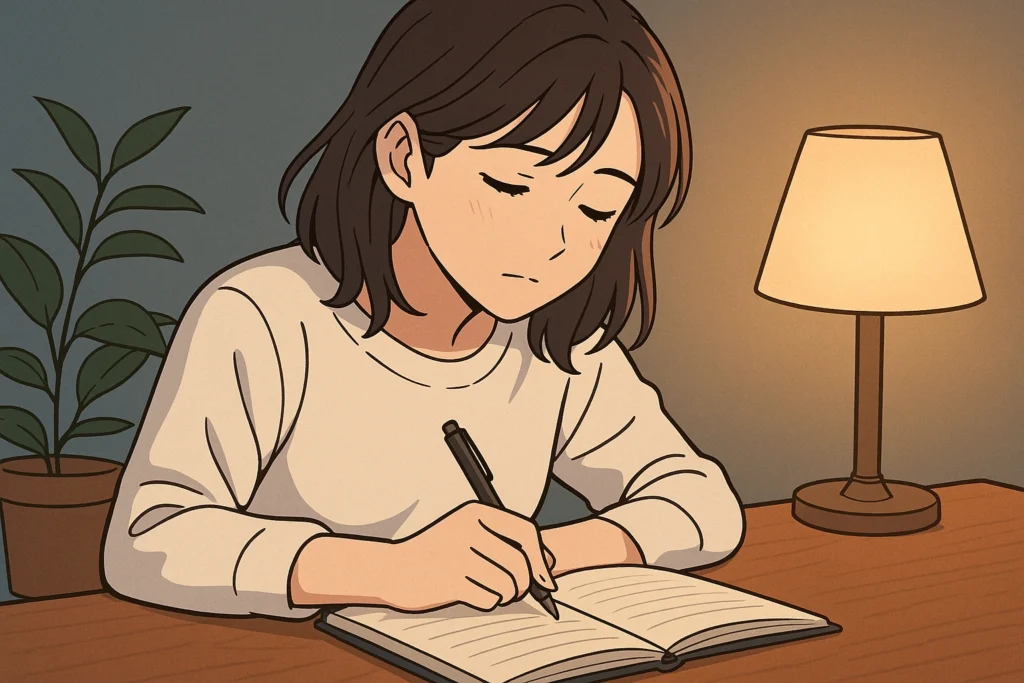 机に向かってノートに気持ちを書き出す女性。心の整理と内面の浄化を象徴する、静かなひとときのシーン。