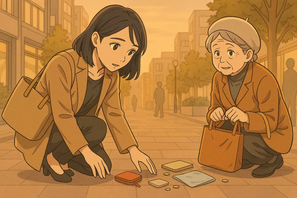 夕暮れの街で落とし物を拾い、老婦人を気遣う女性。心にゆとりが戻り、やさしさが自然にあふれだす場面。