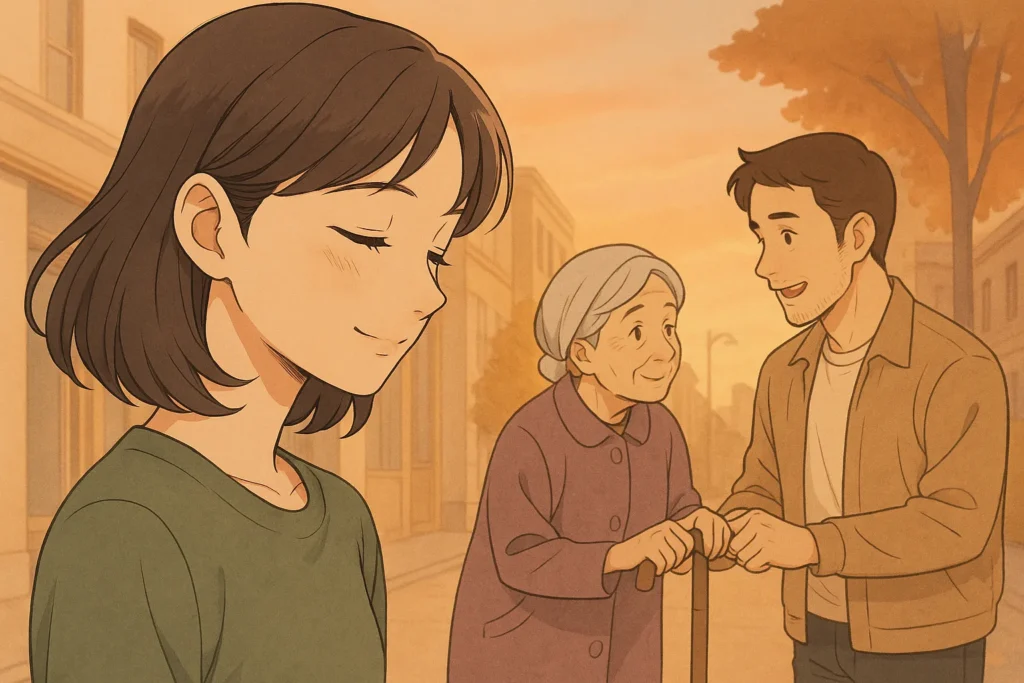 老婦人と話す男性を見守りながら、そっと微笑む女性。新しい出会いの予感が芽生える、あたたかな夕暮れのシーン。