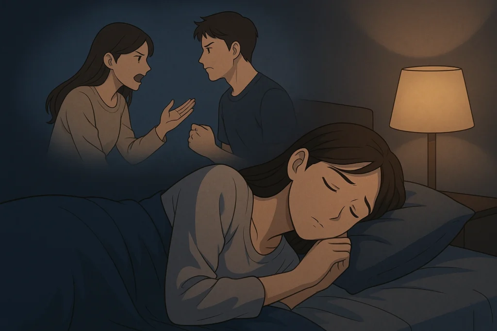 昔好きだった人と喧嘩別れした記憶を夢に見る女性。静かな寝室で、過去の後悔と向き合うスピリチュアルな夜の描写。