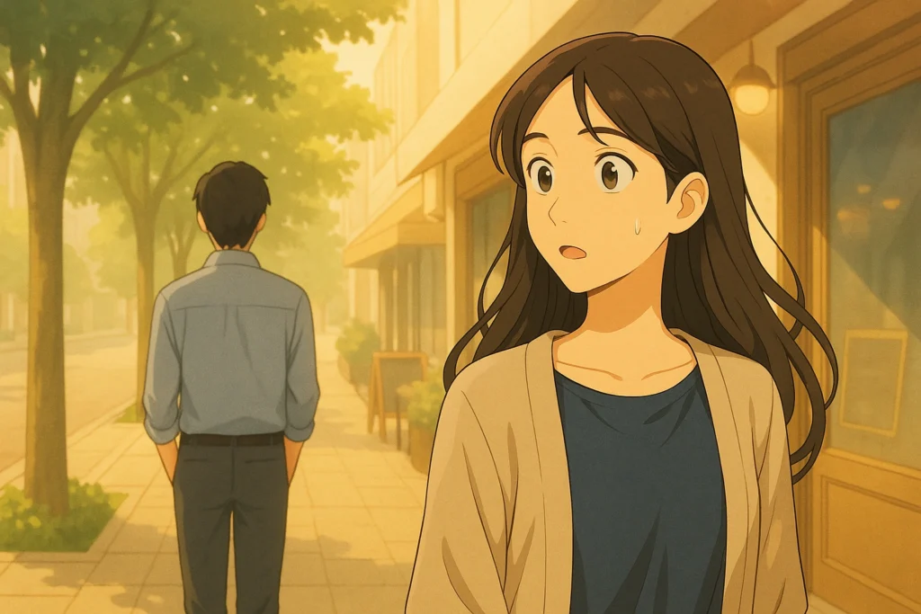 街中で昔好きだった人と偶然再会し、驚く女性。運命的な再会の瞬間に、心が揺れるスピリチュアルな出会い。