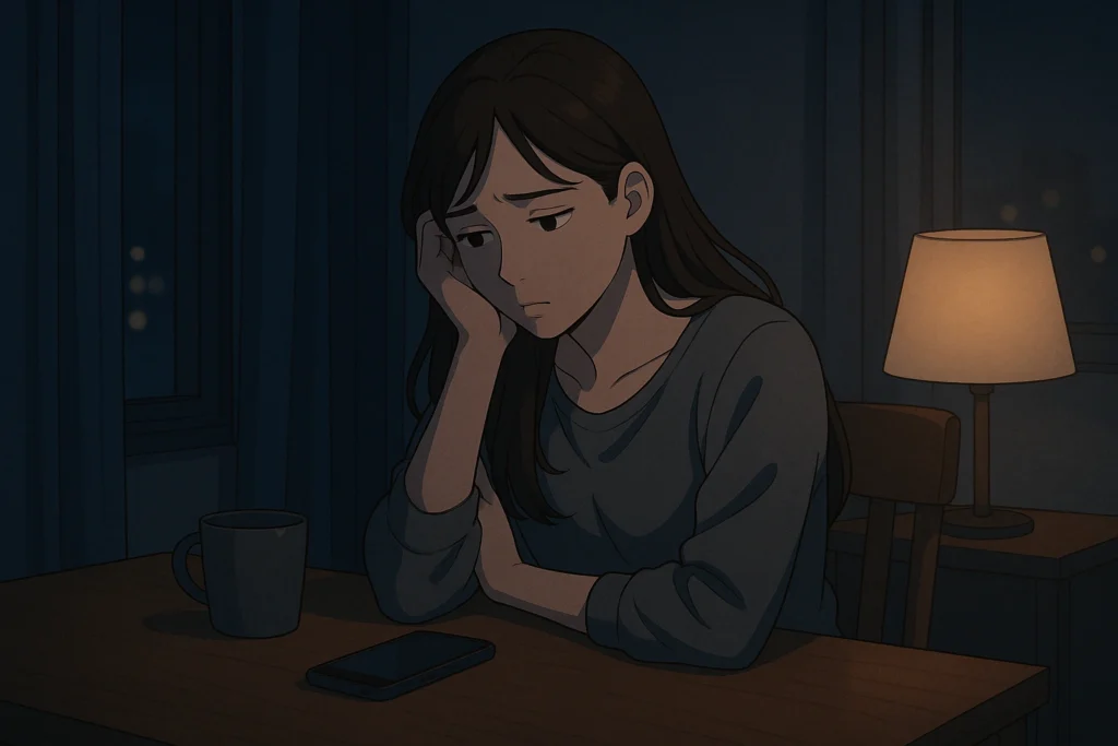 再会の後、夜の部屋でスマートフォンを見つめる女性。連絡できずに悩む心情と、魂の浄化が進むスピリチュアルな時間。