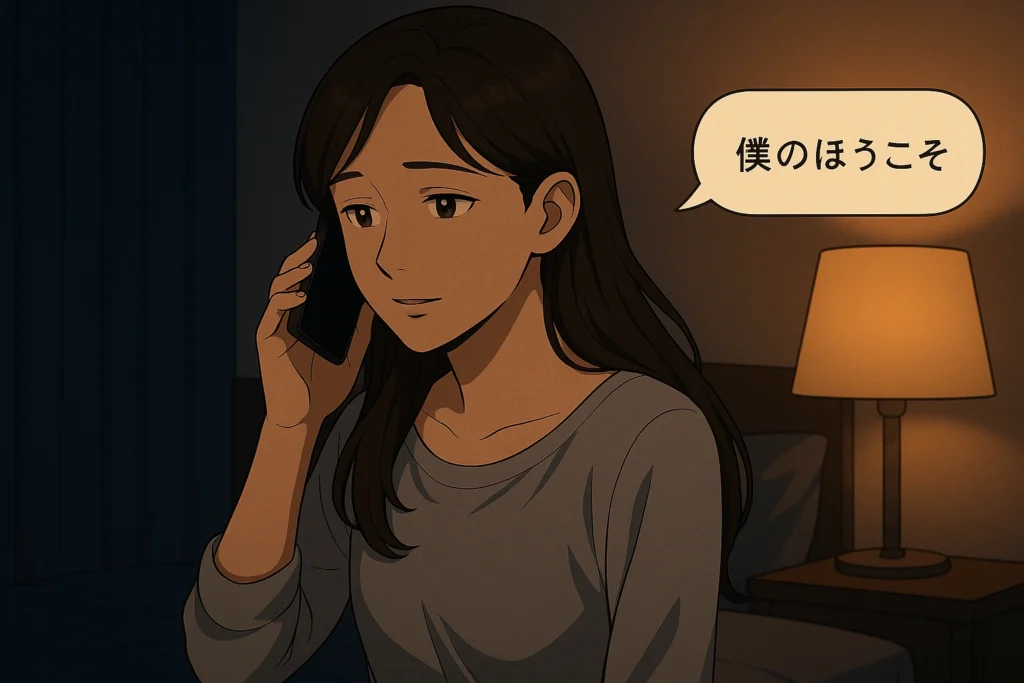電話越しに「僕のほうこそ」と返され、微笑む女性。昔好きだった人との再会を通して、魂の和解と癒しを感じる瞬間。