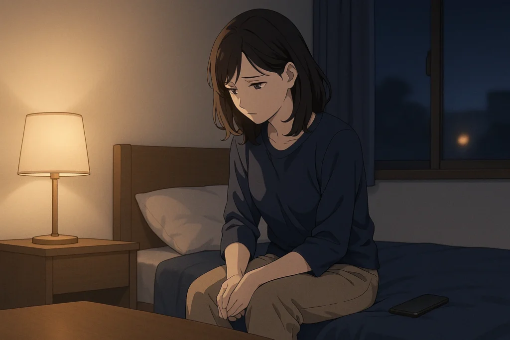 夜の自室のベッドに腰かけ、会いたい気持ちを抱えながら一人で考え込む女性。