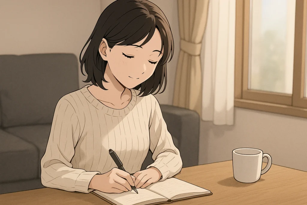 机に向かいノートに言葉を書きながら、感謝の気持ちを整理する女性の穏やかな表情。