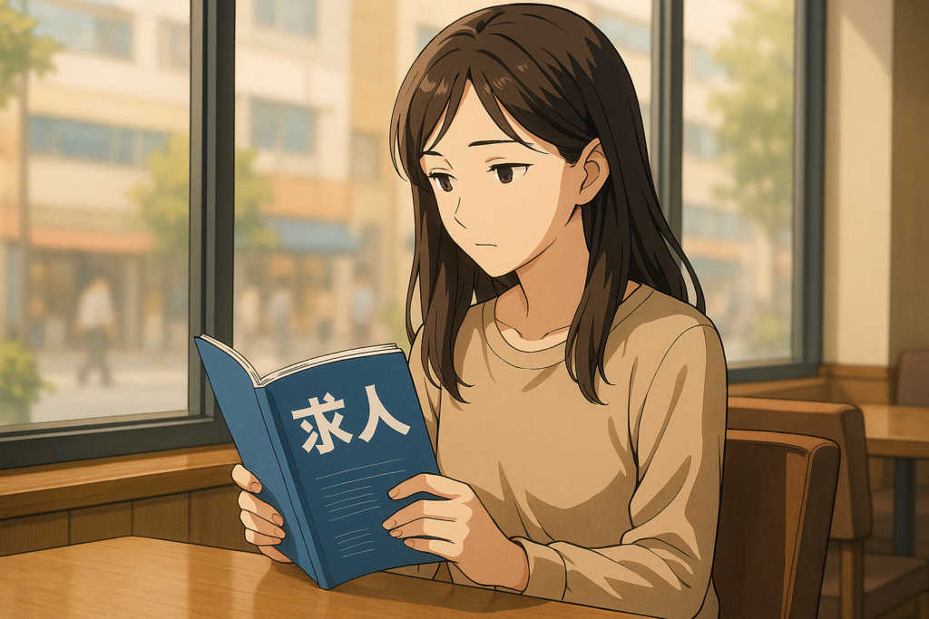 喫茶店の窓際で、求人誌を静かに読む女性。落ち込んだ様子ながら、働く決意を固める姿を描く。