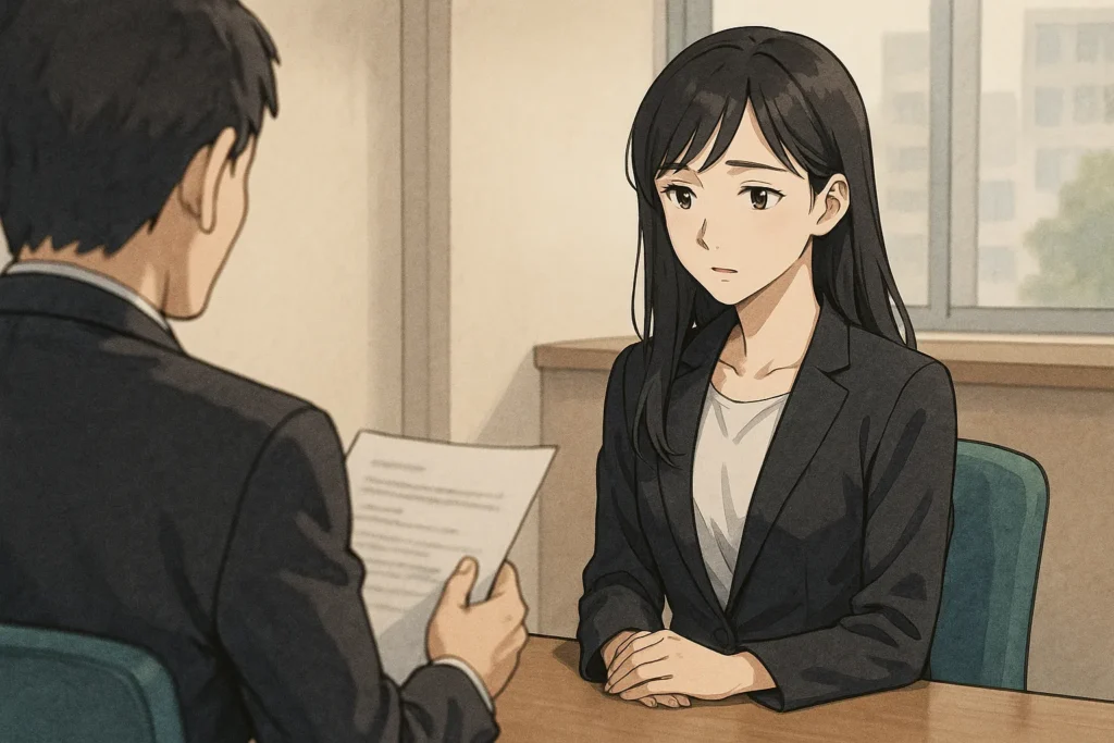 スーツ姿の女性が面接官と向き合って話を聞く場面。緊張しながらも前へ進もうとする真剣さが表情に出ている。