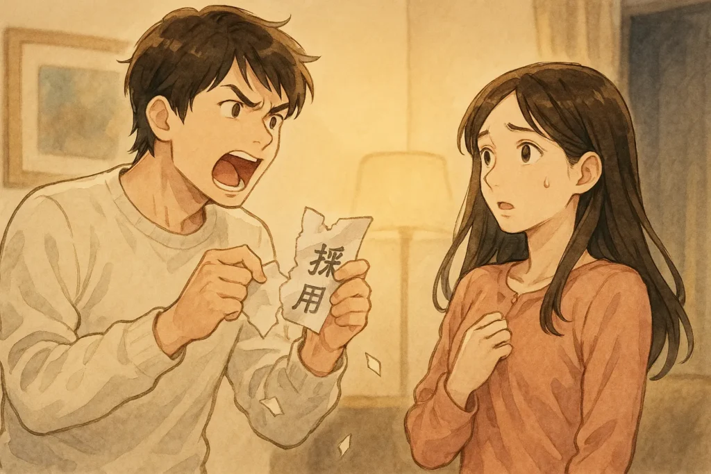 自宅で採用通知を破りながら罵倒する夫と、驚き戸惑う女性。夫の嫉妬と支配欲が表れた、緊迫した場面。