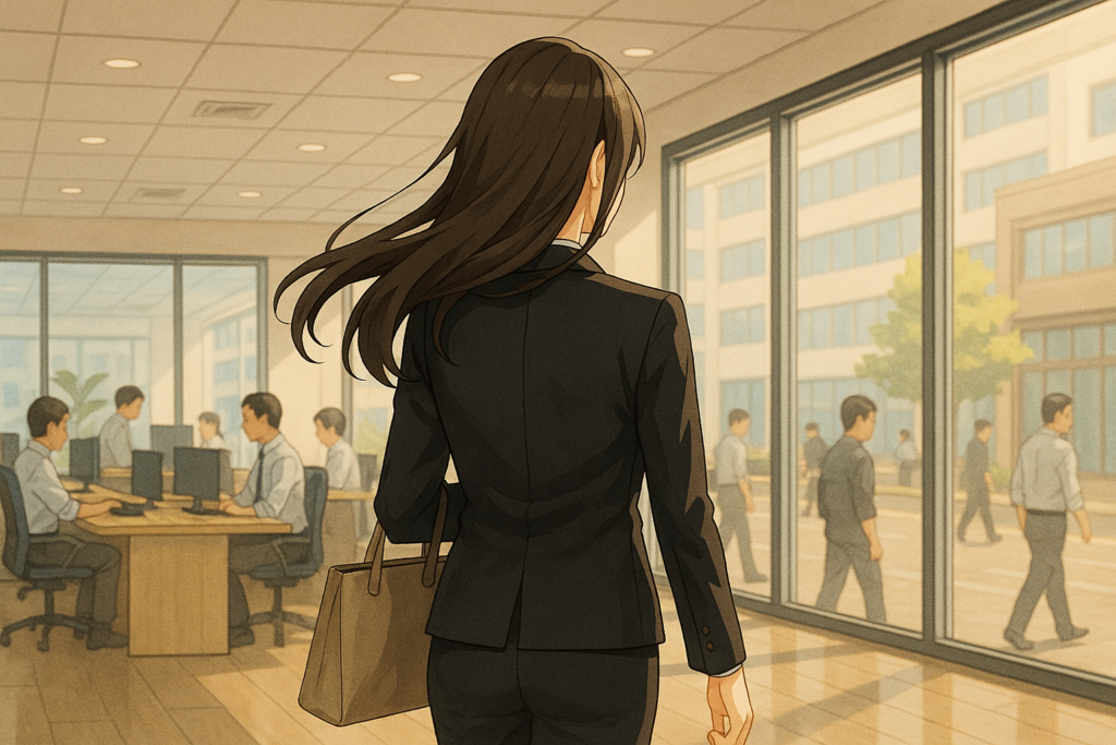 ビル内のオフィスへ堂々と歩くスーツ姿の女性。自立への一歩を力強く踏み出す後ろ姿。
