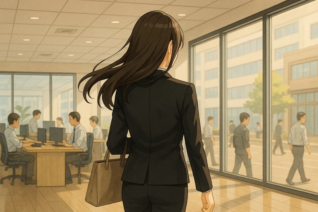 ビル内のオフィスへ堂々と歩くスーツ姿の女性。自立への一歩を力強く踏み出す後ろ姿。