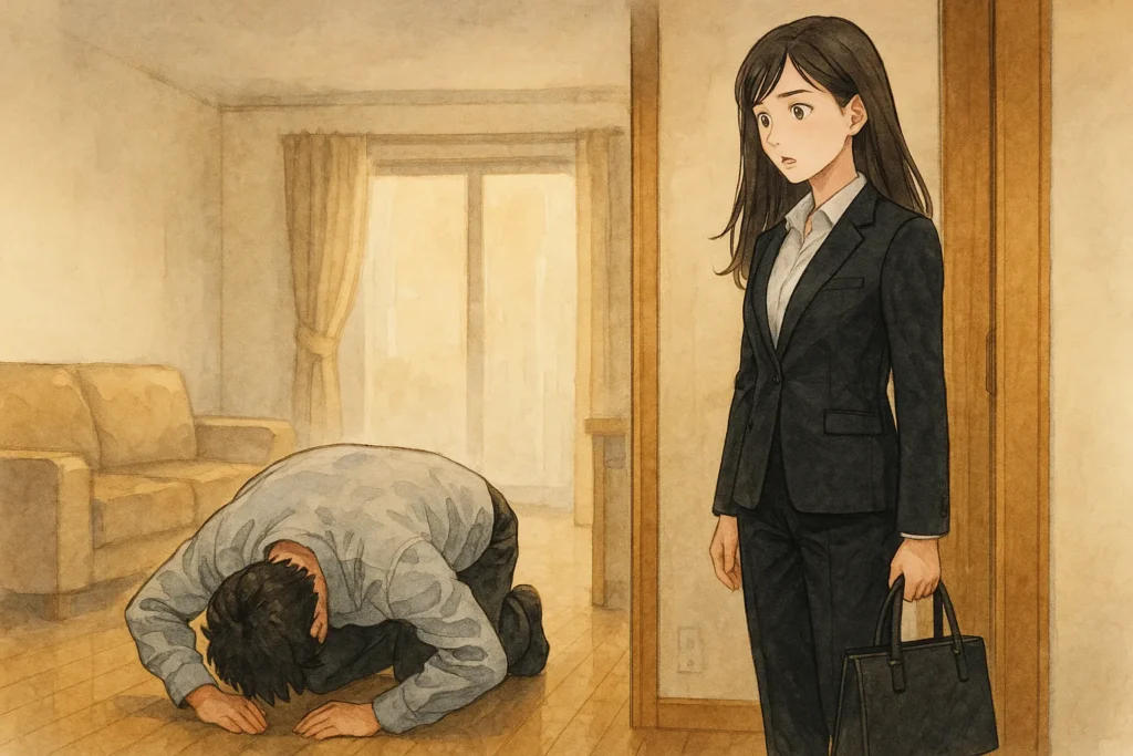 自宅の玄関で夫が土下座し、驚く女性が立ち尽くす場面。妻の変化に気づいた夫の謝罪を描く。