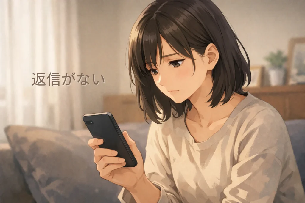 既婚女性が独身男性からのLINEを何度も確認し、返信が来ないことに不安を感じている様子。