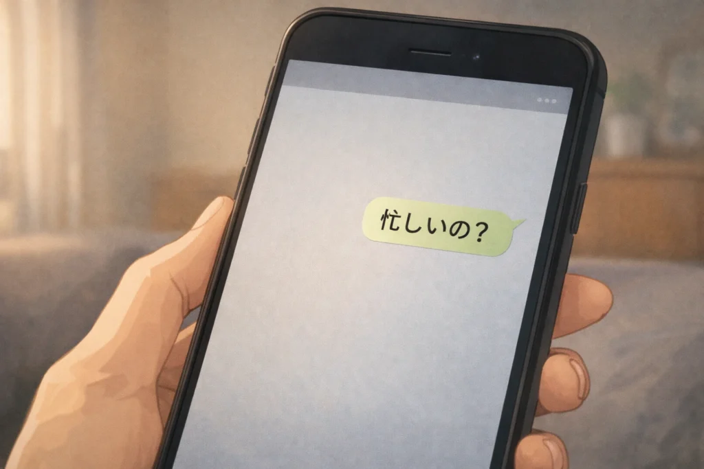 既婚女性が不安な気持ちから、独身男性に追いLINEで送ってしまった「忙しいの？」というメッセージのクローズアップ画面。