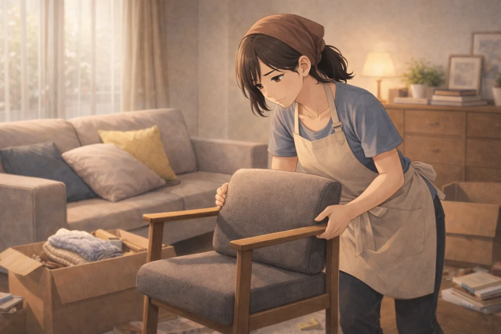 気持ちを切り替えようと部屋の模様替えをし、自分の時間を取り戻そうとする既婚女性。