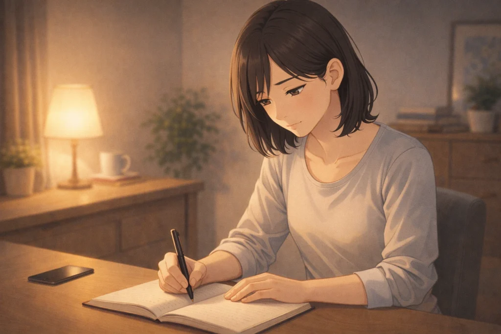 ノートに自分の思いを書き出し、心を整えていく既婚女性。