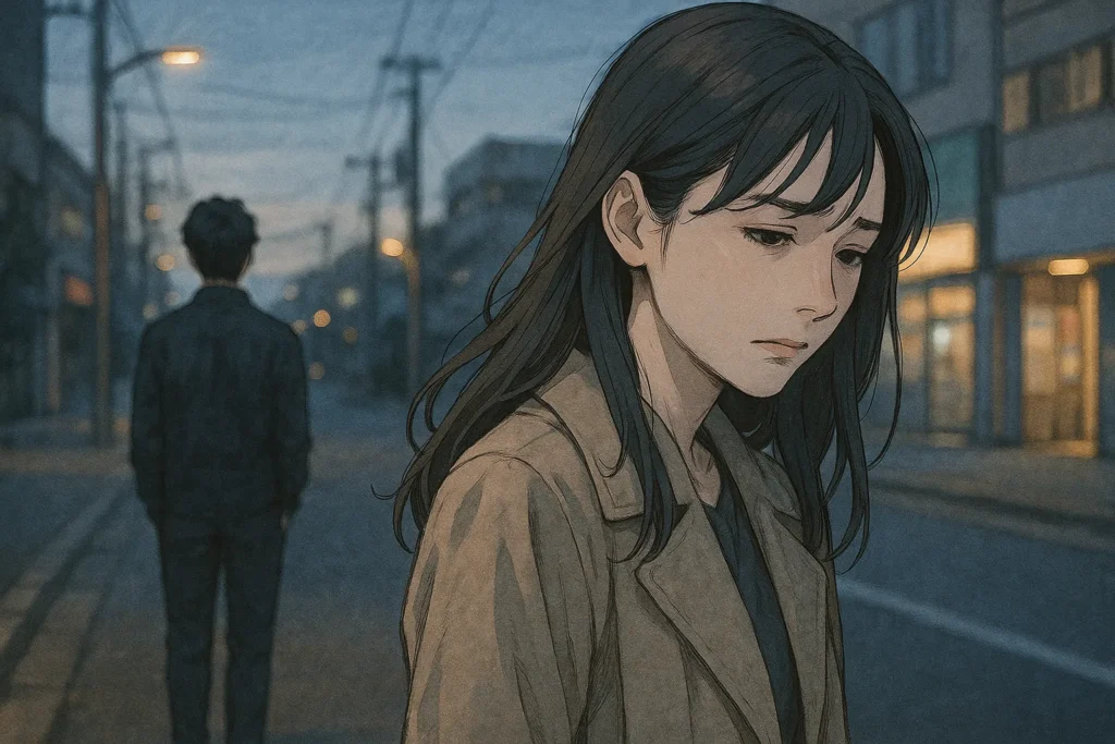 夕暮れの街角で、既婚女性が長らく交際していた独身男性と別れる場面。