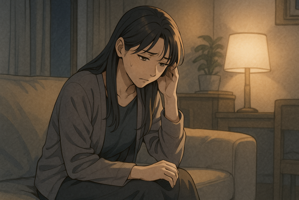 自宅のソファに暗い表情で座り込む既婚女性。独身男性と別れたものの、心の整理がつかず疲れた表情をしている。