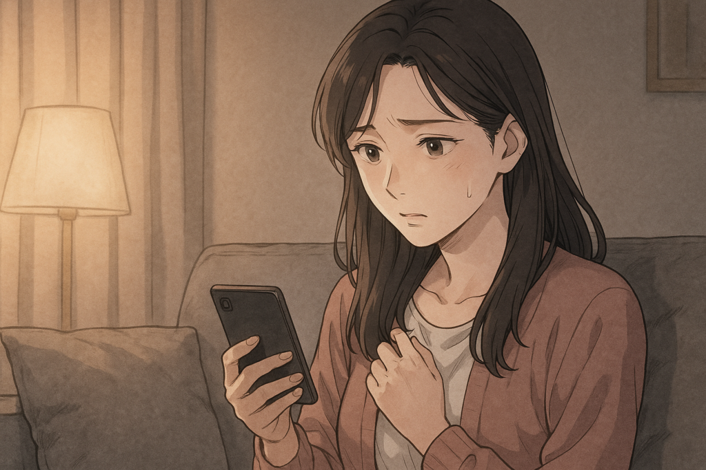 独身男性から届いたスマホのメッセージに驚く既婚女性。復縁の可能性に揺れ始める、女性の複雑な気持ちを描いたイラスト。