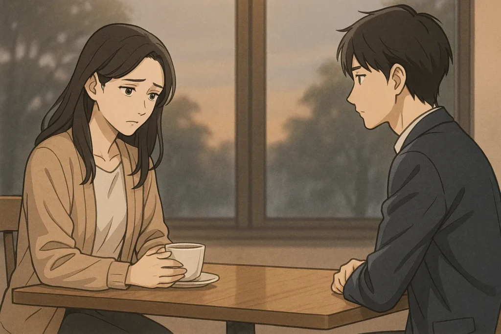 久しぶりにカフェの席で向かい合い、ぎこちない空気の中で会話をする既婚女性と独身男性。復縁のきっかけになるかもしれない再会シーンを描いたイラスト。