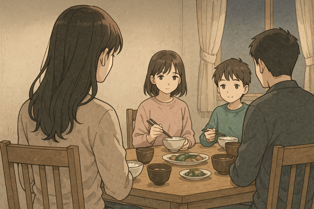 家族と食卓を囲む既婚女性。家庭との折り合いや復縁の現実と向き合う、静かな葛藤を象徴するイラスト。