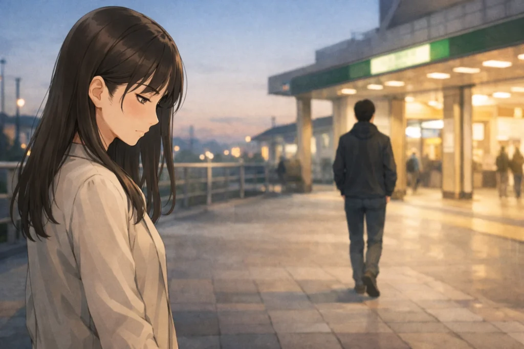 突然、ツインレイの男性に距離を取られ、駅前で立ち尽くす女性の後ろ姿と、遠ざかる男性の背中。