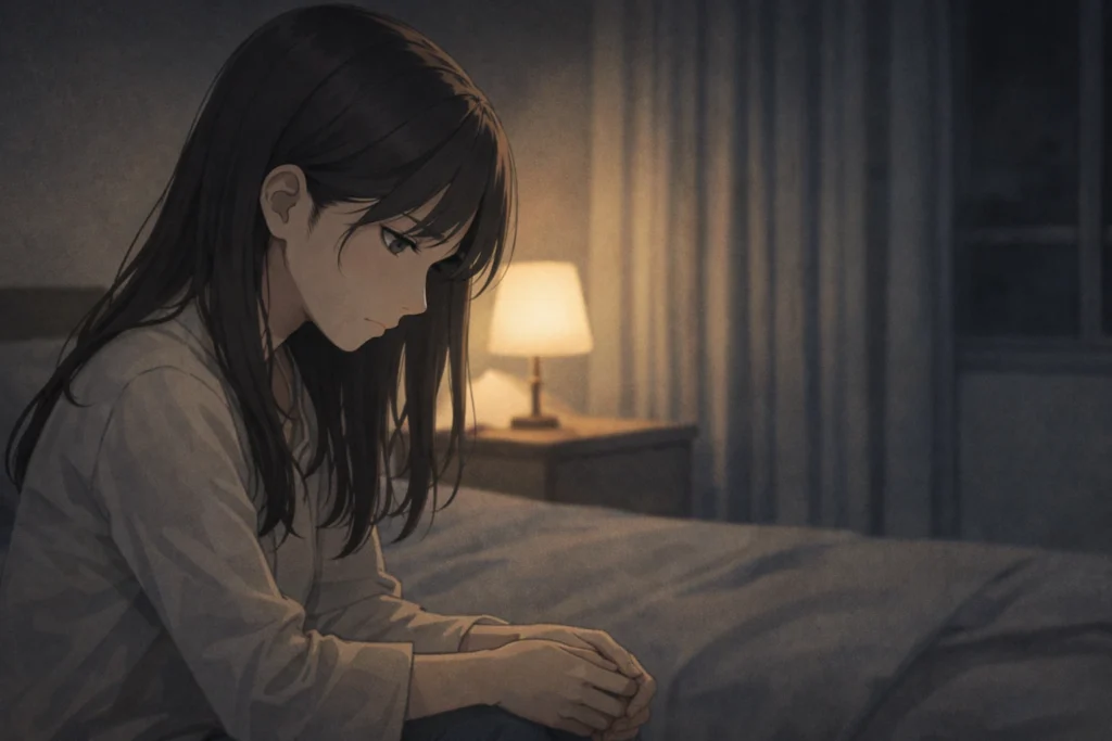 夜の部屋で一人考え込む女性。ツインレイ男性との関係に悩み続けている様子。