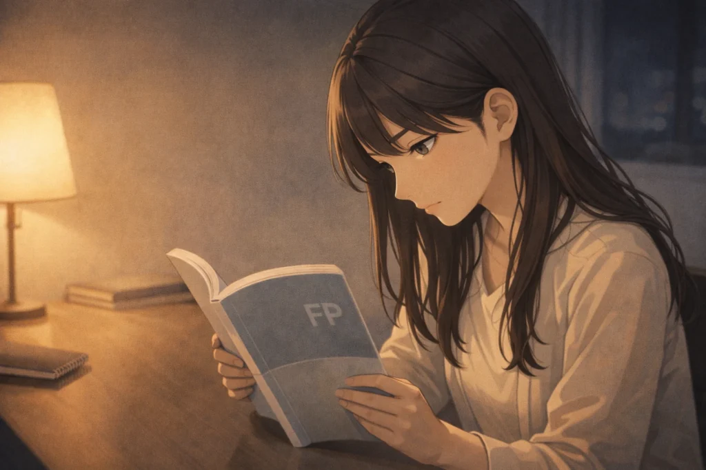 気持ちを立て直すため、FPの資格書を読みながら自分と向き合おうとする女性の姿。