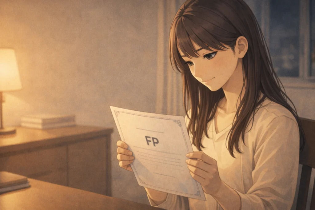 努力の結果としてFP資格の合格証を手にし、静かな達成感を感じている女性。