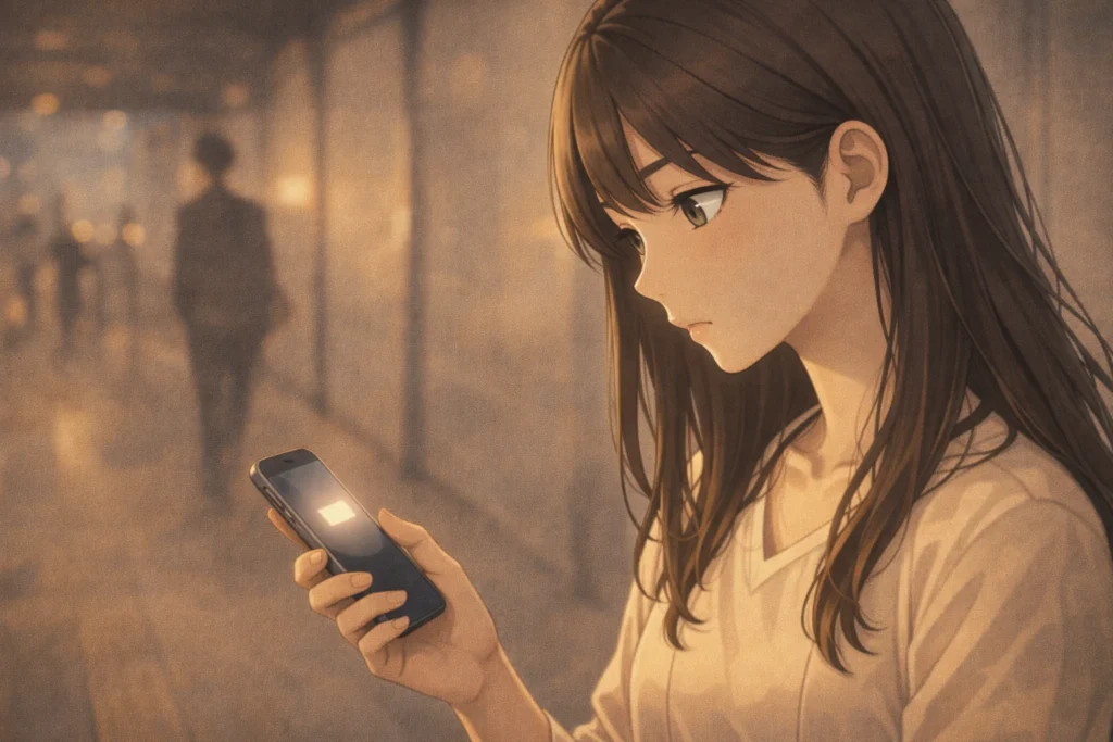 街を歩く最中、ツインレイ男性から久しぶりの連絡があり、驚く女性。男性の気持ちに変化があったことを感じさせる場面。