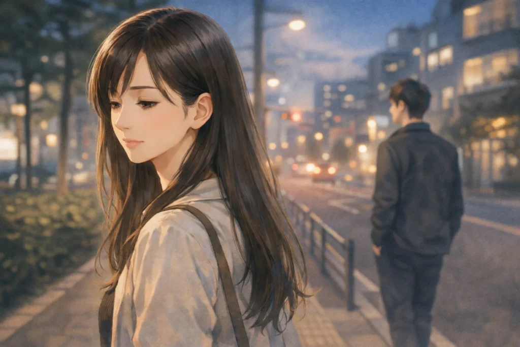 夕暮れの街中で、静かな表情を浮かべる30代前半の女性。少し離れた場所に、同年代の男性の後ろ姿が見える。