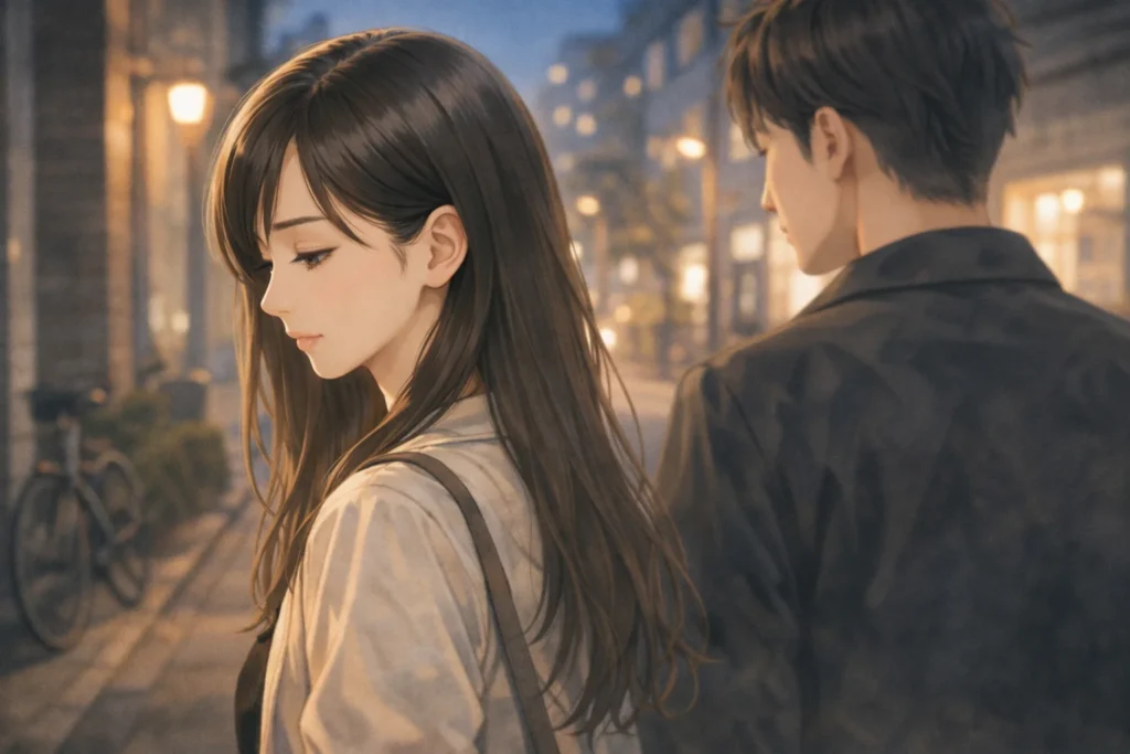 夕方の街並みですれ違う男女。近い距離にいながら視線を交わさず、静かな緊張感が漂う場面。