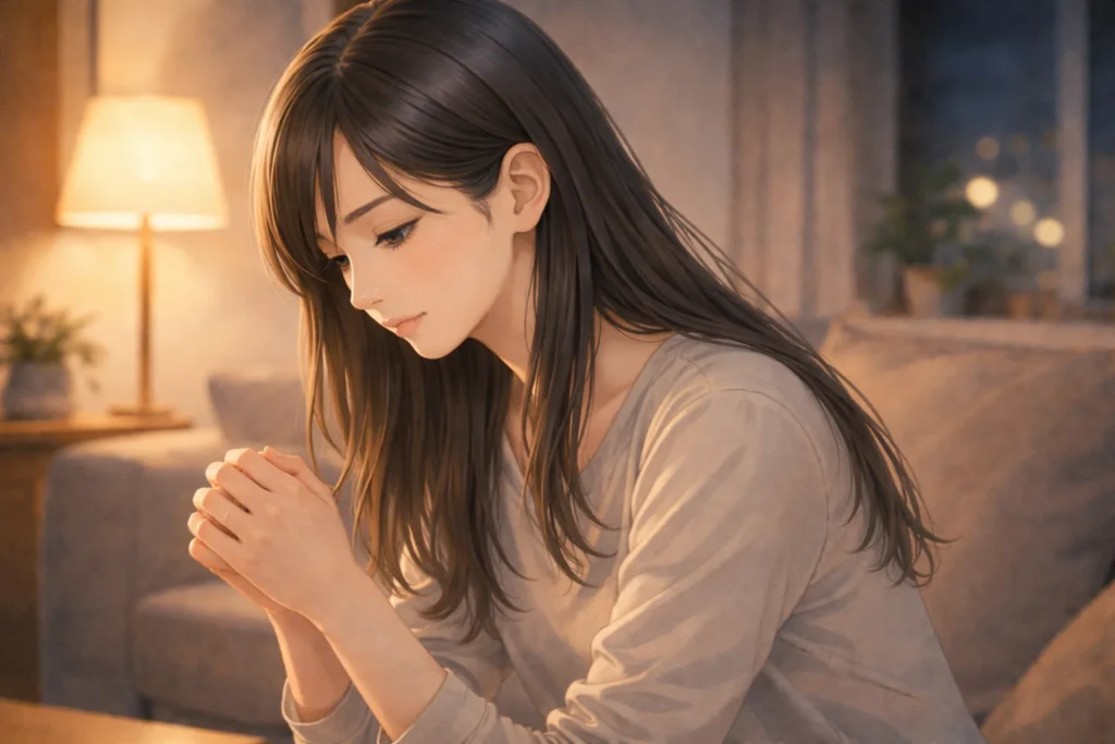 室内でひとり考え込む女性。柔らかな照明の中で、ツインレイと直感している男性への想いに揺れ動く。