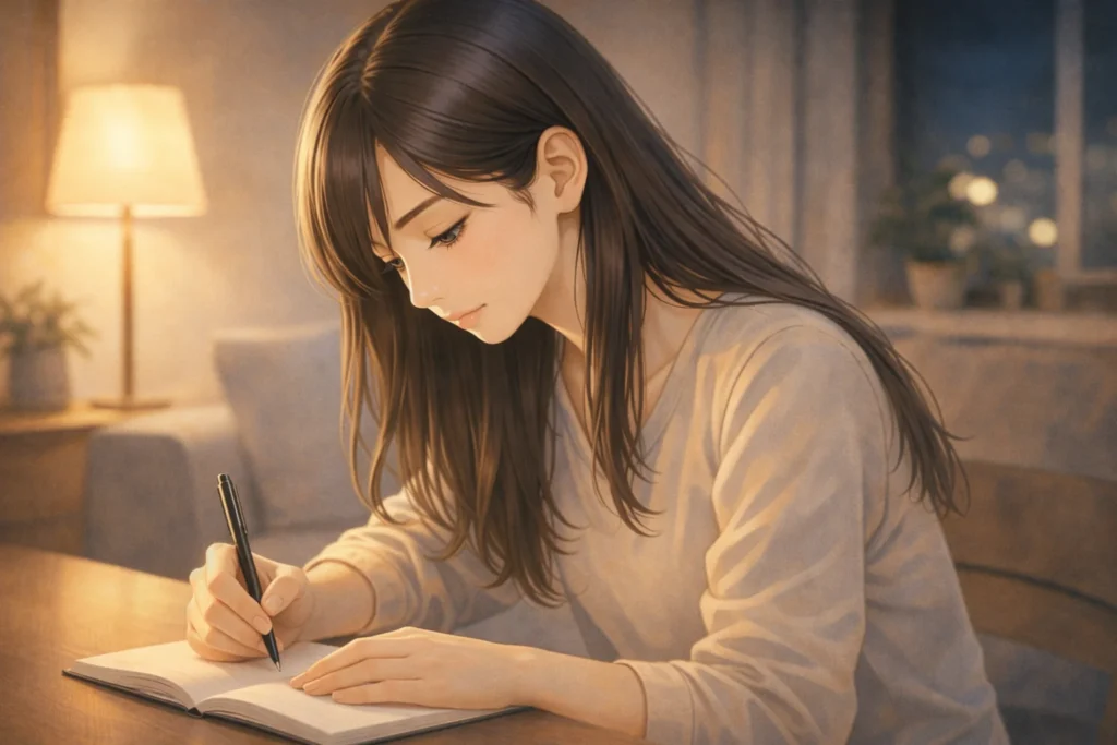 ノートに気持ちを書き出す女性。落ち着いた室内で、自分の本音と懸命に向き合っている様子が伝わってくる。