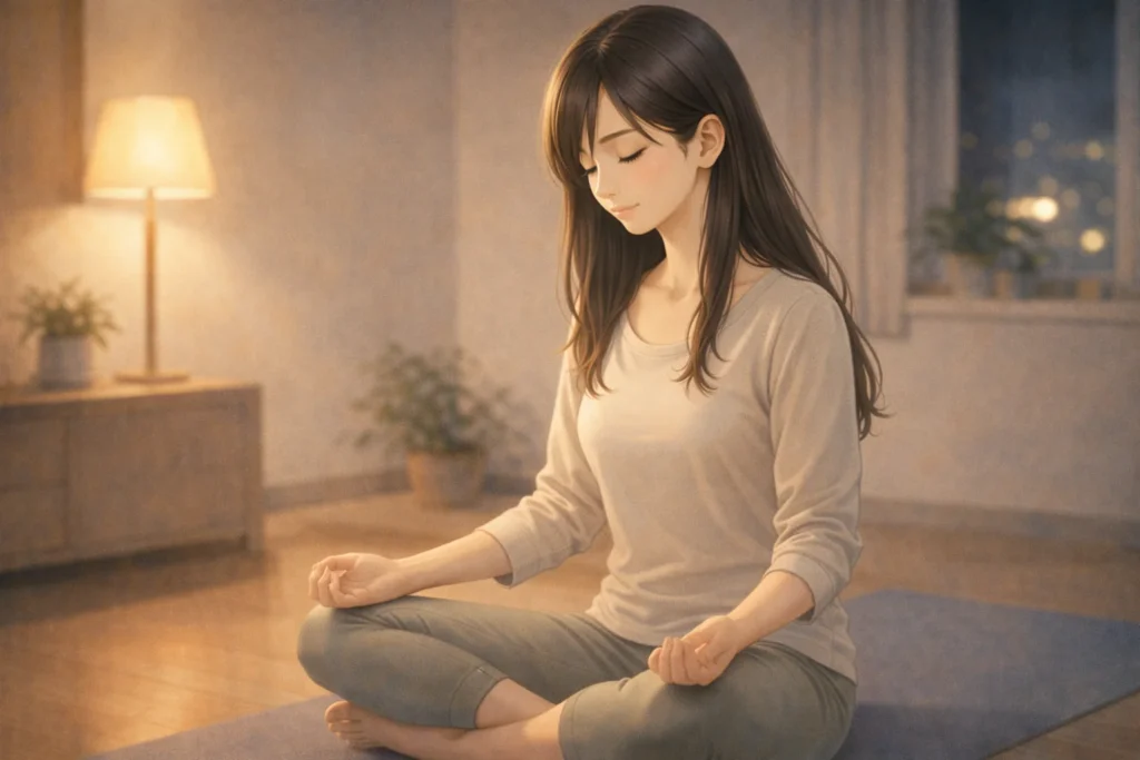 自宅でヨガをする女性。穏やかな表情で呼吸を整え、心を落ち着かせている場面。