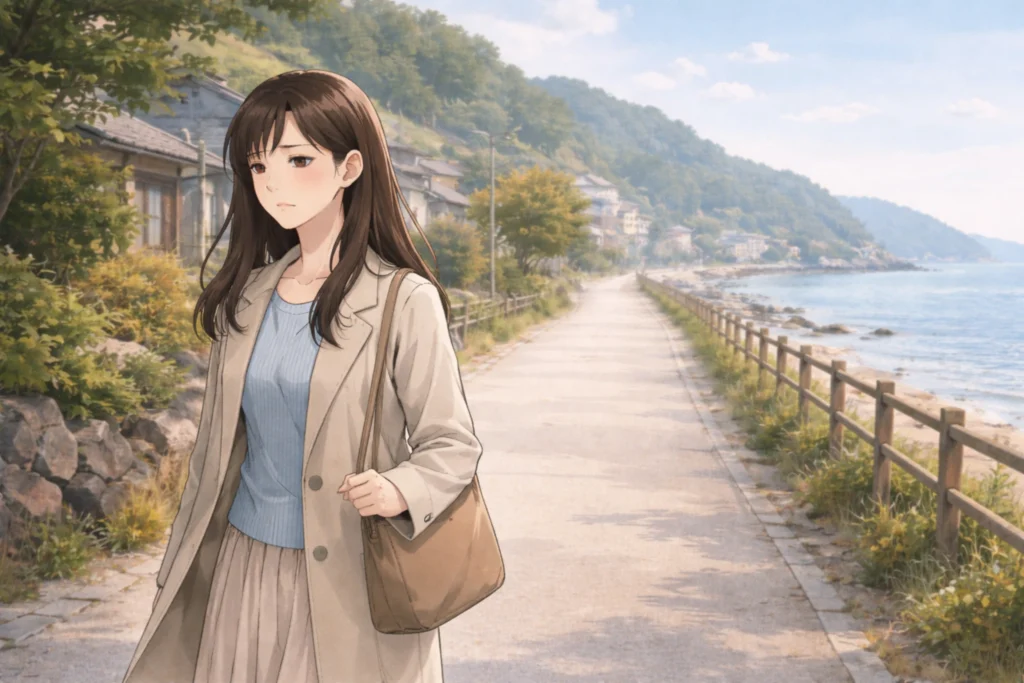 日常から離れた場所を一人歩く女性。既婚者同士の叶わない恋に終止符を打ち、心を落ち着かせる時間を表現したイラスト。