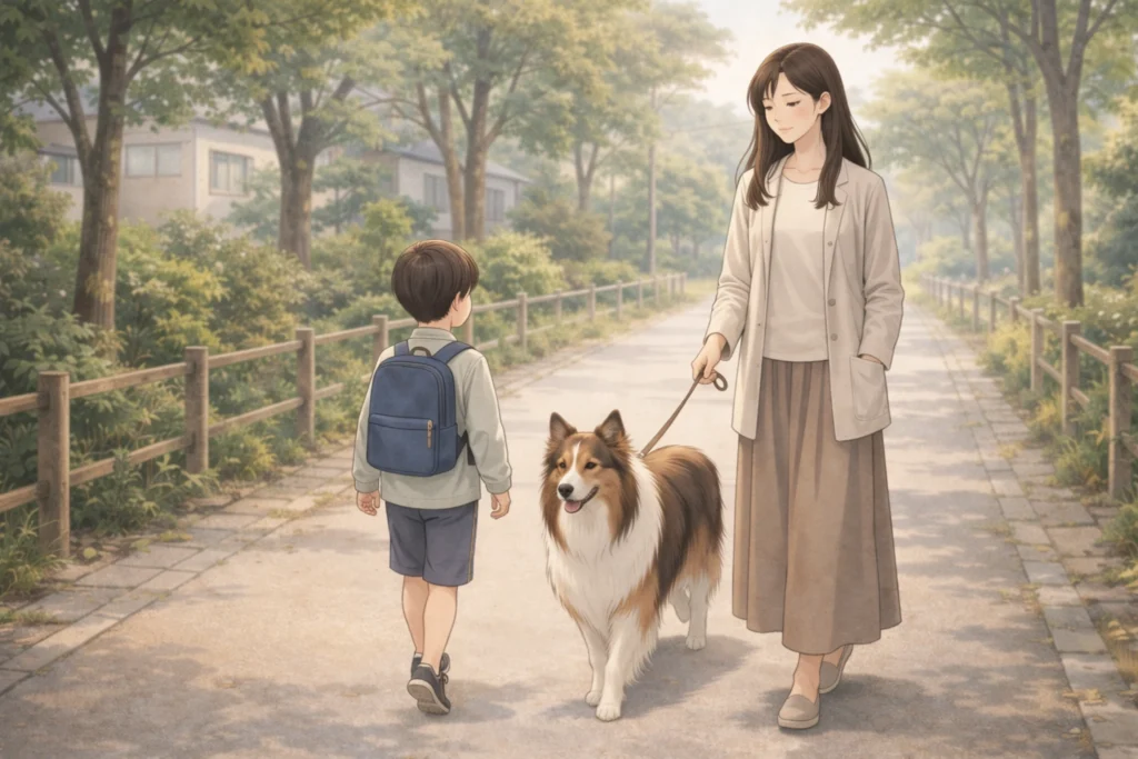 子供と犬と一緒に散歩をする女性。まだ心のどこかで叶わない恋を引きずりながらも、既婚者としての日常を継続していく様子を描いたイラスト。