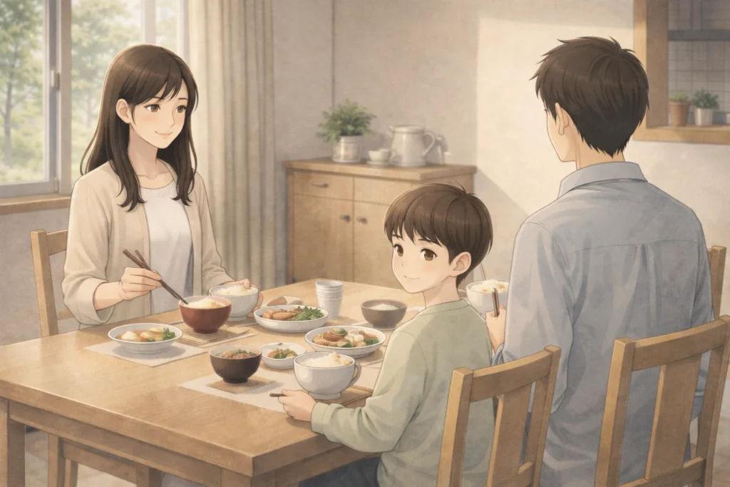 家族で食卓を囲む女性と夫と子供。これからもずっと続くことになる現実の家庭生活を描いたイラスト。