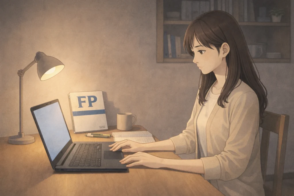 自宅でパソコンに向かいFP資格の勉強をする女性。叶わない恋を経て、自分の人生を前に進める姿を表したイラスト。