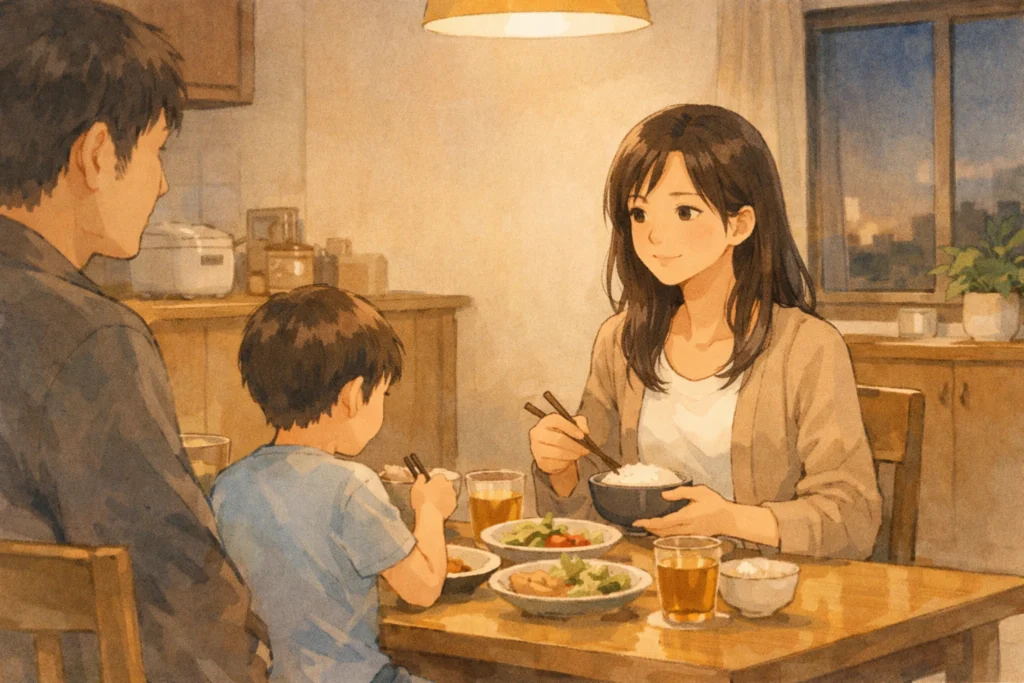 既婚女性が、自宅のダイニングで家族と夕食を囲む、穏やかで日常的な家庭の風景。