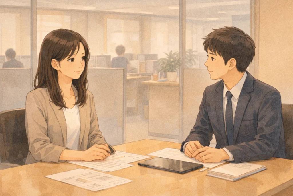 職場の打ち合わせスペースで、向かい合って話す既婚女性と年下の独身男性。