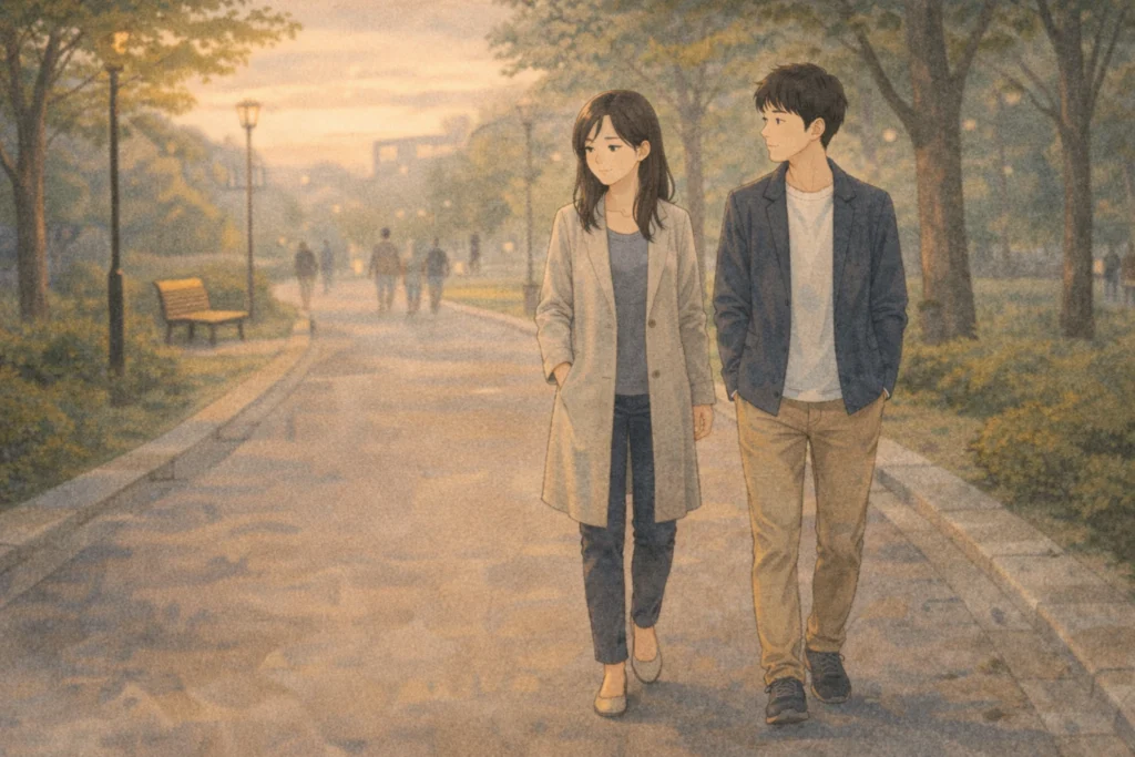 公園の並木道をわずかな距離を保ちながらも並んで歩く既婚女性と年下の独身男性。