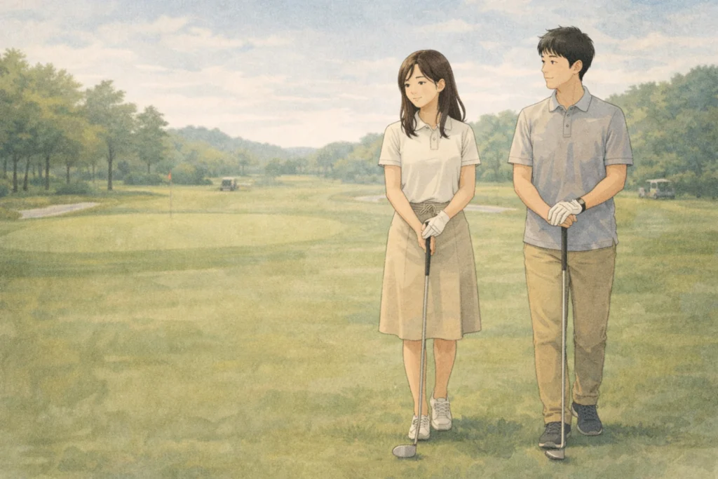 ゴルフ場でクラブを手に並んで立つ既婚女性とその夫の、夫婦水入らずの場面。