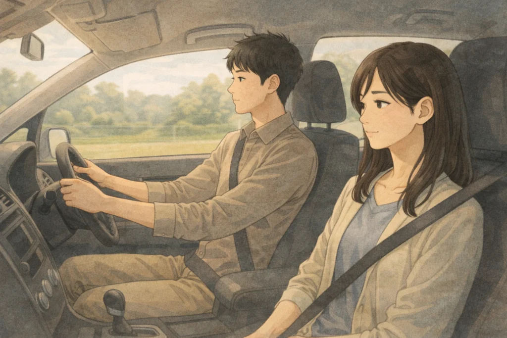 運転席と助手席にすわり、ドライブを楽しむ既婚女性と年下の独身男性。二人の視線は共に前方に注がれ、穏やかな時間が流れていく。