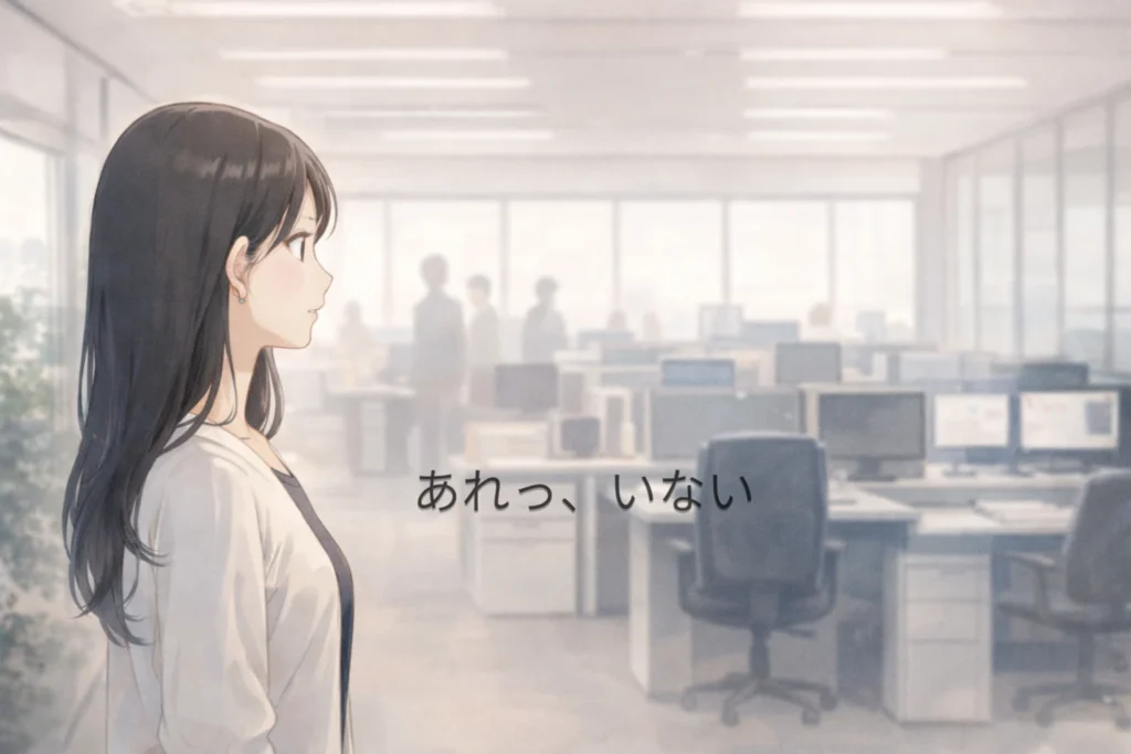 職場で好きな人の姿を探すが見当たらず、不思議そうに周囲を見回す女性。