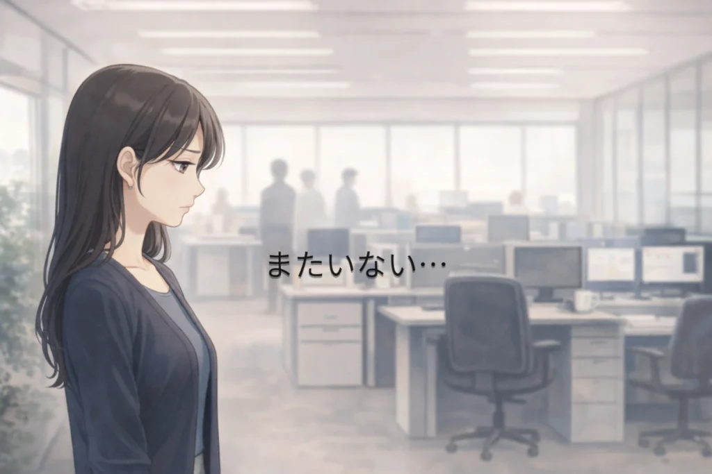 別の日の職場で再び好きな人に会えず、落胆した表情を浮かべる女性。