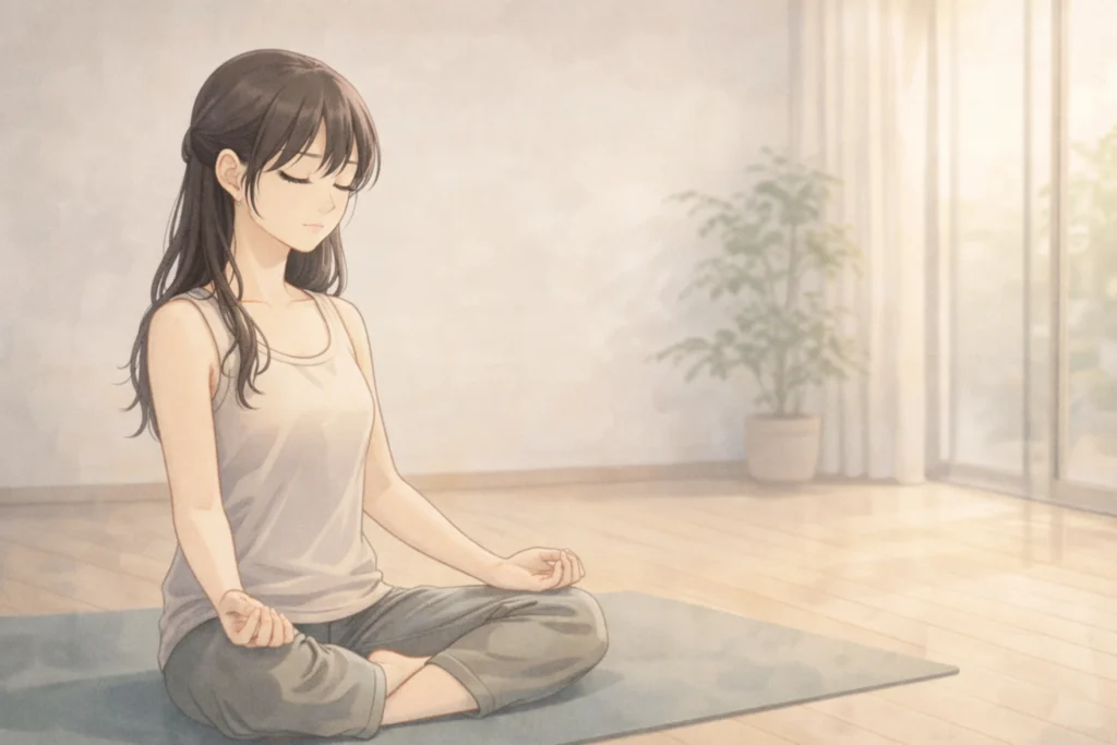 心機一転、気持ちを整えるため、静かな空間でヨガを行う女性が、自分と向き合う場面。