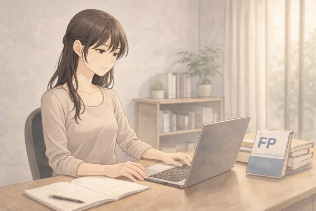 将来のためにFP資格の勉強に取り組む女性。前向きに自分磨きに励む姿を描いている。