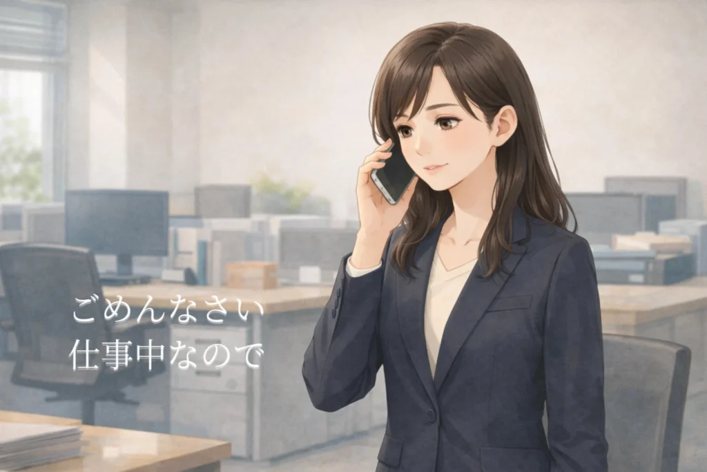 仕事中のオフィスで、ビジネススーツ姿の女性が電話で応対している。どうやら、「仕事中なので」と相手の誘いを断っている様子。