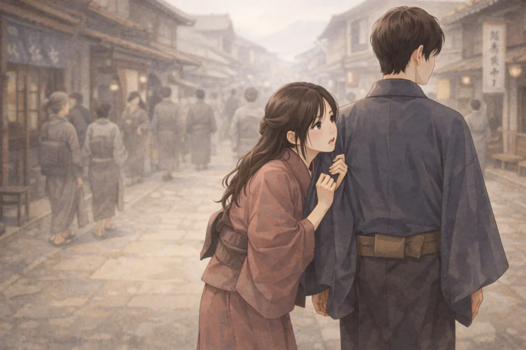 過去世を思わせる江戸風の町並みで、和服の女性が男性に強くすがりついて歩いている場面。
